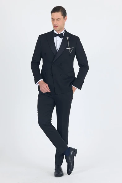 Siyah Kılıç Yaka Kruvaze Slim Fit Ceremony Takım Elbise 1001250203 - Resim 2