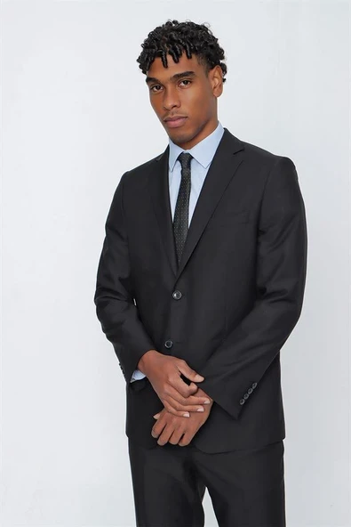 Siyah Gabardin Mono Yaka Tek Yırtmaç 6 Drop Comfort Fit Rahat Kesim Basic Takım Elbise 1001230010 - Resim 3