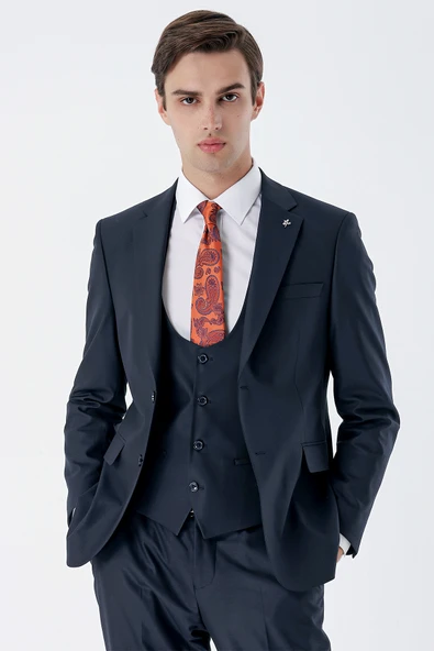 Lacivert Mono Yaka Astarlı Yelekli 6 Drop Slim Fit Dar Kesim Basic Takım Elbise 1001235186 - Resim 5