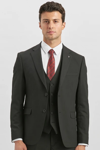 Siyah Desenli Armürlü Mono Yaka Yelekli Likralı 6 Drop Slim Fit Takım Elbise 1001240180 - Resim 2