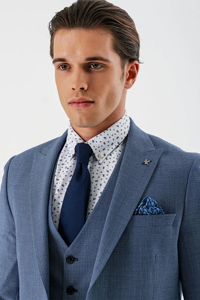 İndigo Mavi Desenli Kırlangıç Yaka Yelekli 6 Drop Slim Fit Dar Kesim Klasik Takım Elbise 1001240157 - Resim 7