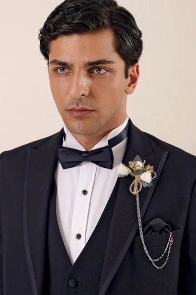 Koyu Lacivert Çıkarılabilir Kırlangıç Yaka Yelekli 6 Drop Slim Fit Smokin Damatlık 1001225203 - Resim 3