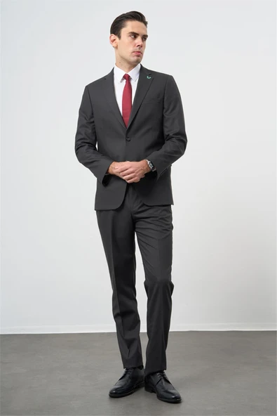 Koyu Antrasit Yünlü Likralı 6 Drop Comfort Fit Klasik Takım Elbise 1001235904 - Resim 5