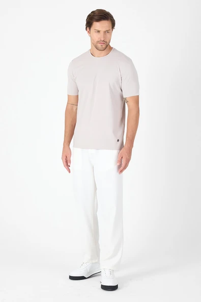 Açık Bej Kısa Kol Bisiklet Yaka Cepsiz Pamuklu Casual Slim Fit Tişört 1011250165 - Resim 2