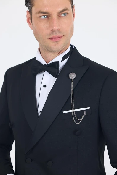 Siyah Kılıç Yaka Kruvaze Slim Fit Ceremony Takım Elbise 1001250203 - Resim 4