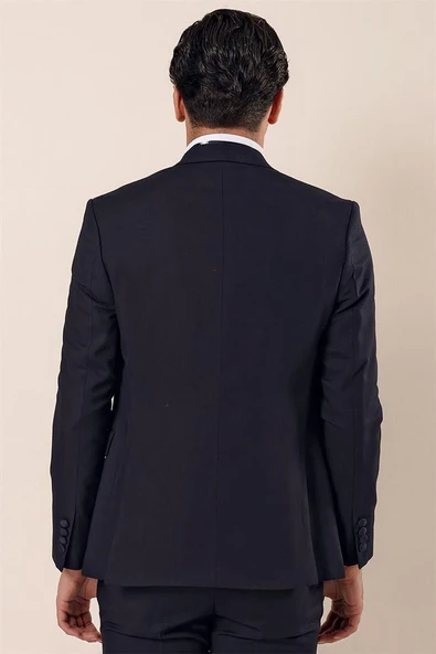 Koyu Lacivert Çıkarılabilir Kırlangıç Yaka Yelekli 6 Drop Slim Fit Smokin Damatlık 1001225203 - Resim 12