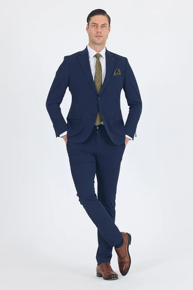 Lacivert Mono Yaka Yarım Astar 6 Drop Slim Fit   Beli Lastikli Takım Elbise 1001250121 ürün görseli