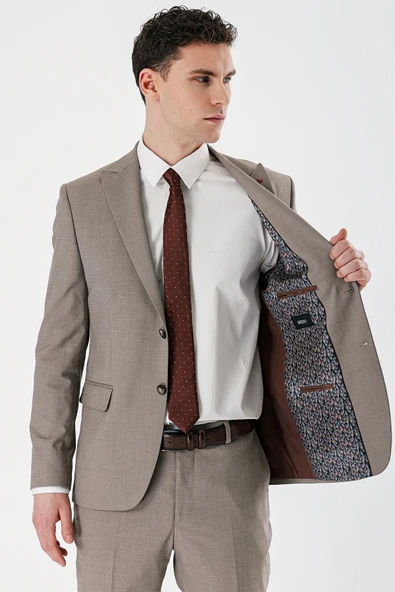 Camel Filafil Kırlangıç Yaka Çift Yırtmaç 6 Drop Slim Dar Kesim Klasik Takım Elbise 1001240162 - Resim 8