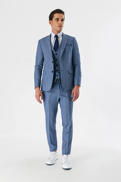 İndigo Mavi Desenli Kırlangıç Yaka Yelekli 6 Drop Slim Fit Dar Kesim Klasik Takım Elbise 1001240157 - Resim 6