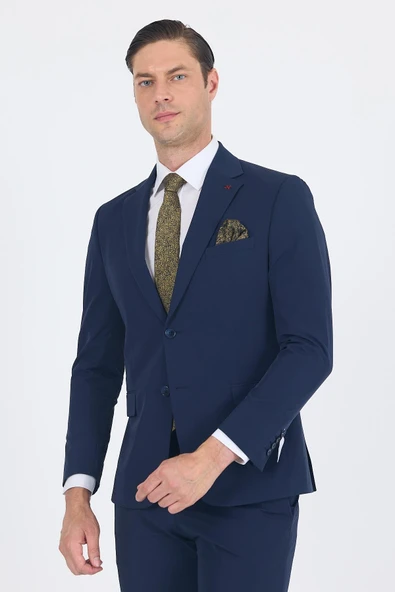 Lacivert Mono Yaka Yarım Astar 6 Drop Slim Fit   Beli Lastikli Takım Elbise 1001250121 - Resim 2