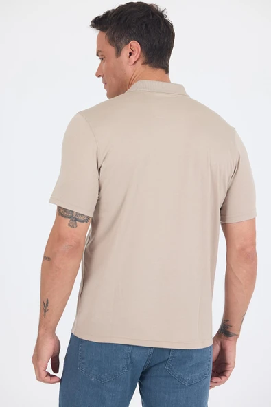 Bej Kısa Kol Polo Yaka Cepli Classic Standart Beden Tişört 1011250173 - Resim 5