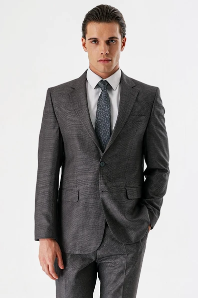 Gri Ekoseli Mono Yaka Çift Yırtmaç 6 Drop Comfort Rahat Kesim Klasik Takım Elbise 1001240160 ürün görseli