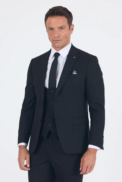 Siyah Düz Bez Ayağı Mono Yaka 2 Düğme 6 Drop Slim Fit Basic Takım Elbise 1001250186_001 - Resim 2