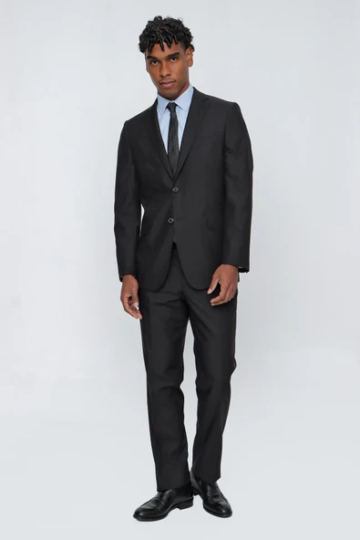 Siyah Düz Gabardin Mono Yaka 2 Düğme 6 Drop Comfort Fit Basic Takım Elbise 1001250009_001 - Resim 3