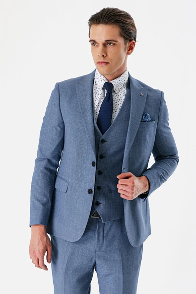 İndigo Mavi Desenli Kırlangıç Yaka Yelekli 6 Drop Slim Fit Dar Kesim Klasik Takım Elbise 1001240157 - Resim 3