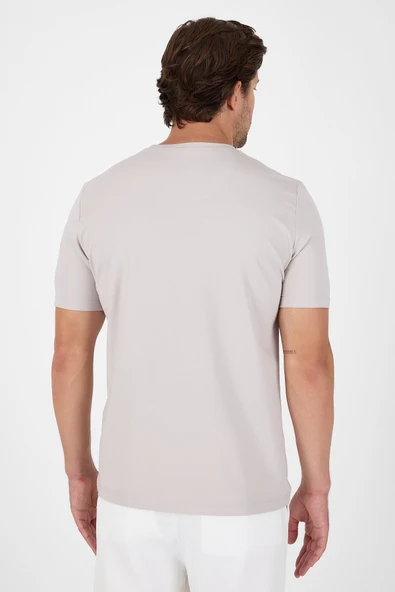 Açık Bej Kısa Kol Bisiklet Yaka Cepsiz Pamuklu Casual Slim Fit Tişört 1011250165 - Resim 3