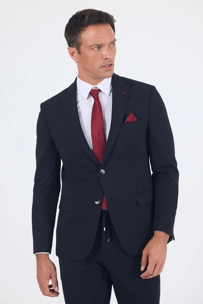 Siyah Kırlangıç Yaka Kelebek Astar 6 Drop Slim Fit   Beli Lastikli Takım Elbise 1001250176 ürün görseli