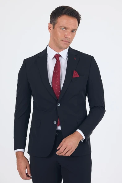 Siyah Mono Yaka Yarım Astar 6 Drop Slim Fit   Beli Lastikli Takım Elbise 1001250121 - Resim 3