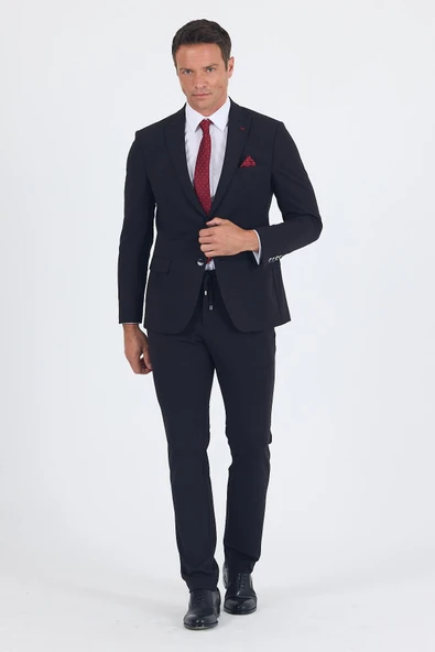 Siyah Kırlangıç Yaka Kelebek Astar 6 Drop Slim Fit   Beli Lastikli Takım Elbise 1001250176 - Resim 2