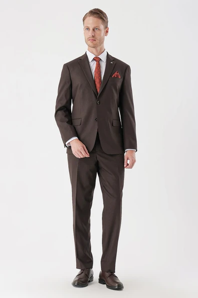 Kahverengi Desenli Armürlü Mono Yaka 4 Drop Comfort Fit Rahat Kesim Klasik Takım Elbise 1001235150 - Resim 5