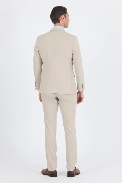 Bej Kırlangıç Yaka Kelebek Astar 6 Drop Slim Fit   Beli Lastikli Takım Elbise 1001250176 - Resim 5