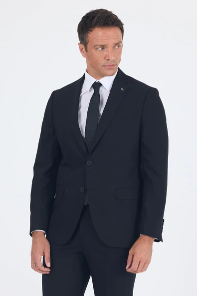 Siyah Düz Gabardin Mono Yaka 2 Düğme 6 Drop Comfort Fit Basic Takım Elbise 1001250010_001 - Resim 3