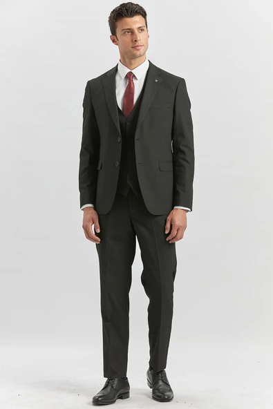 Siyah Desenli Armürlü Mono Yaka Yelekli Likralı 6 Drop Slim Fit Takım Elbise 1001240180 - Resim 3