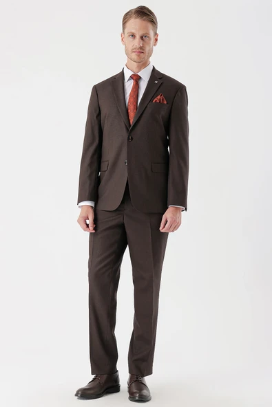 Kahverengi Desenli Armürlü Mono Yaka 4 Drop Comfort Fit Rahat Kesim Klasik Takım Elbise 1001235150 - Resim 6