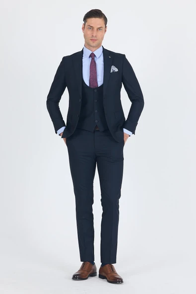 Lacivert Düz Bez Ayağı Mono Yaka 2 Düğme 6 Drop Slim Fit Basic Takım Elbise 1001250186_206 ürün görseli