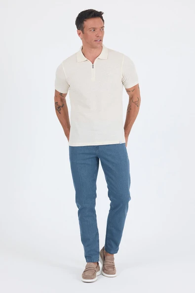 Ekru Kısa Kol Düz Suprem Polo Yaka Cepsiz Pamuklu Casual Slim Fit Tişört 1011250162_609 - Resim 2