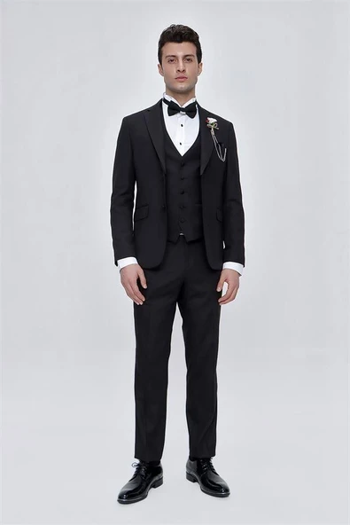 Siyah Armürlü Çıkarılabilir Mono Yaka Yelekli 6 Drop Slim Fit Smokin Damatlık 1001225202 - Resim 5