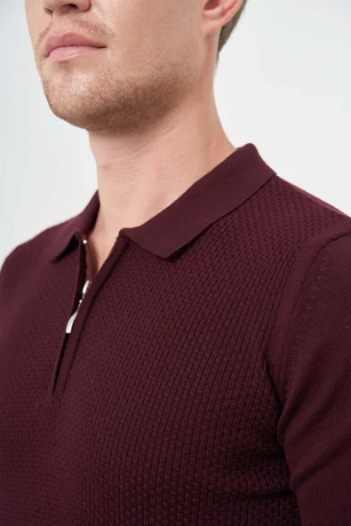 Bordo Uzun Kol Kendinden Desenli Örme Polo Yaka Classic Comfort Fit Triko 1012245156 - Resim 4
