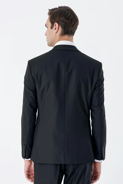 Siyah Mono Yaka Astarlı Çift Yırtmaç Yelekli 6 Drop Slim Fit Dar Kesim Basic Takım 1001230186 - Resim 7