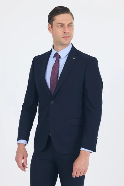 Lacivert Düz Gabardin Mono Yaka 2 Düğme 6 Drop Comfort Fit Basic Takım Elbise 1001250010_206 - Resim 3