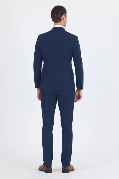 Lacivert Mono Yaka Yarım Astar 6 Drop Slim Fit   Beli Lastikli Takım Elbise 1001250121 - Resim 5