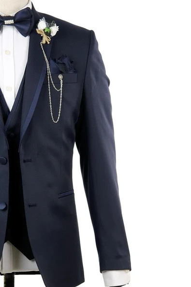 Koyu Lacivert Mono Yaka Astarlı Yelekli 6 Drop Slim Fit Smokin Damatlık 1001210100 - Resim 2