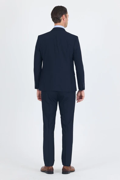 Lacivert Düz Gabardin Kılıç Yaka 2 Düğme Pamuklu 6 Drop Slim Fit Basic Takım Elbise 1001250011_206 - Resim 5