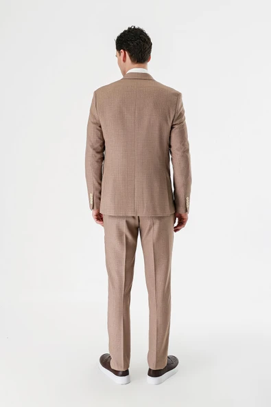 Camel Desenli Kırlangıç Yaka Yelekli 6 Drop Slim Fit Dar Kesim Klasik Takım Elbise 1001240157 - Resim 2