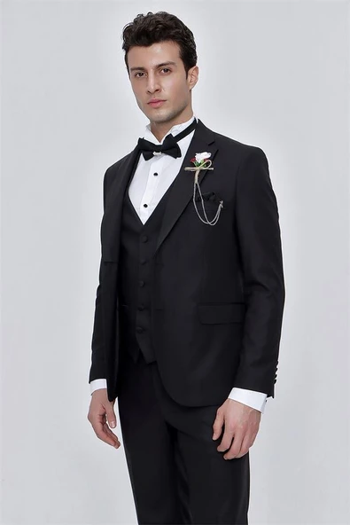 Siyah Armürlü Çıkarılabilir Mono Yaka Yelekli 6 Drop Slim Fit Smokin Damatlık 1001225202 - Resim 2