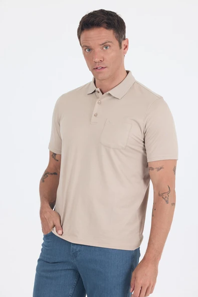 Bej Kısa Kol Polo Yaka Cepli Classic Standart Beden Tişört 1011250173 - Resim 3