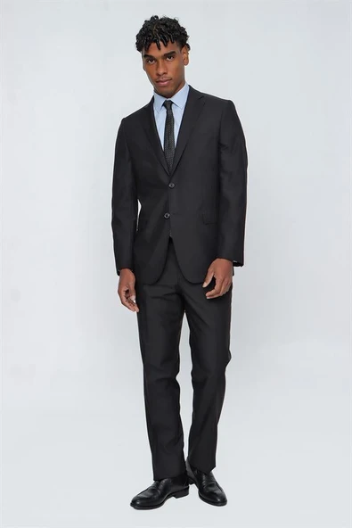 Siyah Gabardin Mono Yaka Tek Yırtmaç 6 Drop Comfort Fit Rahat Kesim Basic Takım Elbise 1001230010 - Resim 2