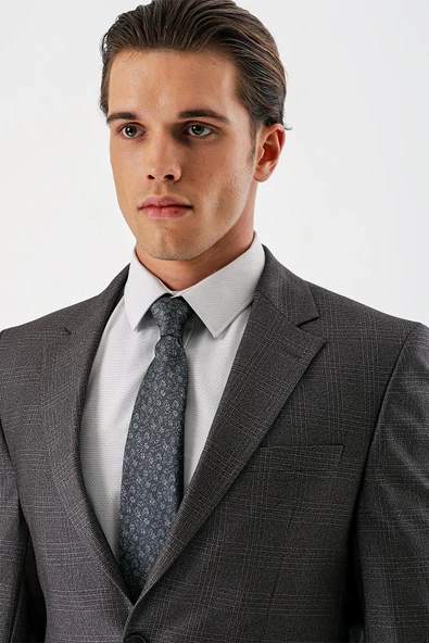 Gri Ekoseli Mono Yaka Çift Yırtmaç 6 Drop Comfort Rahat Kesim Klasik Takım Elbise 1001240160 - Resim 6