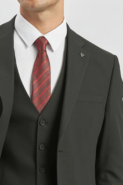 Siyah Desenli Armürlü Mono Yaka Yelekli Likralı 6 Drop Slim Fit Takım Elbise 1001240180 - Resim 6