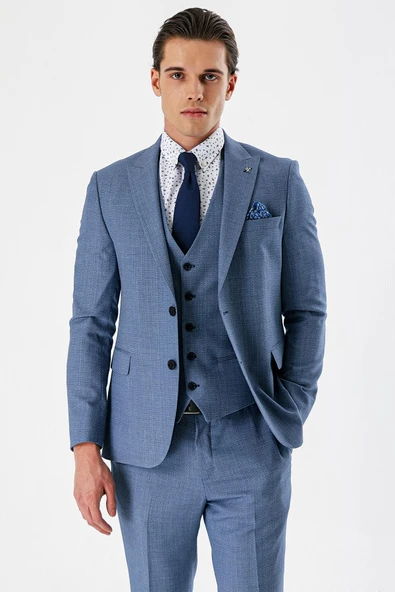 İndigo Mavi Desenli Kırlangıç Yaka Yelekli 6 Drop Slim Fit Dar Kesim Klasik Takım Elbise 1001240157 - Resim 2