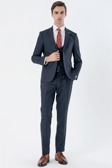 Lacivert Mono Yaka Çift Yırtmaç Yelekli 6 Drop Slim Fit Dar Kesim Basic Takım Elbise 1001240186 - Resim 3