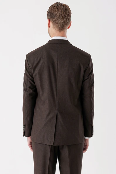 Kahverengi Desenli Armürlü Mono Yaka 4 Drop Comfort Fit Rahat Kesim Klasik Takım Elbise 1001235150 - Resim 3