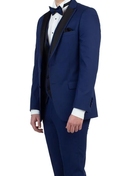 Lacivert Armürlü Mono Yaka Astarlı Yelekli 6 Drop Slim Fit Smokin Damatlık 1001190150 ürün görseli