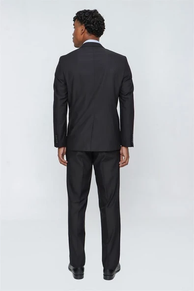 Siyah Gabardin Mono Yaka Tek Yırtmaç 6 Drop Comfort Fit Rahat Kesim Basic Takım Elbise 1001230010 - Resim 5