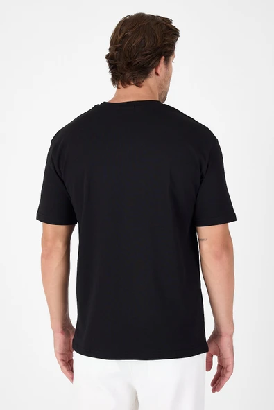 Siyah Bisiklet Yaka Kısa Kol Slim Fit Pamuklu Tişört 1011250191 - Resim 4