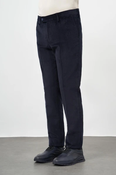 Koyu Lacivert Pamuklu Yandan Cepli Comfort Fit Kadife Pantolon 1003245160 - Resim 3